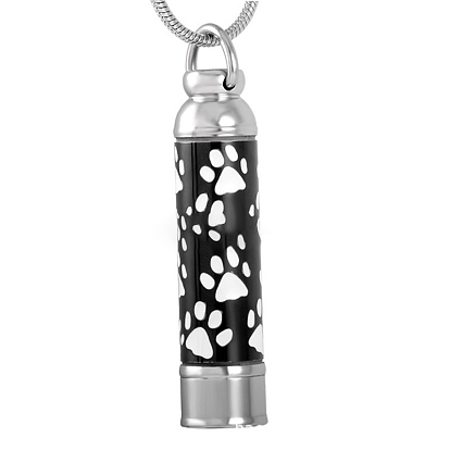Stainless Steel Pendant Necklaces, Column with Dog Paw Print Urn Ashes Necklaces