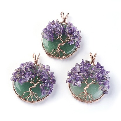 Gemstone Big Pendants, with Rose Gold Tone Brass Findings, Flat Round with Tree of Life