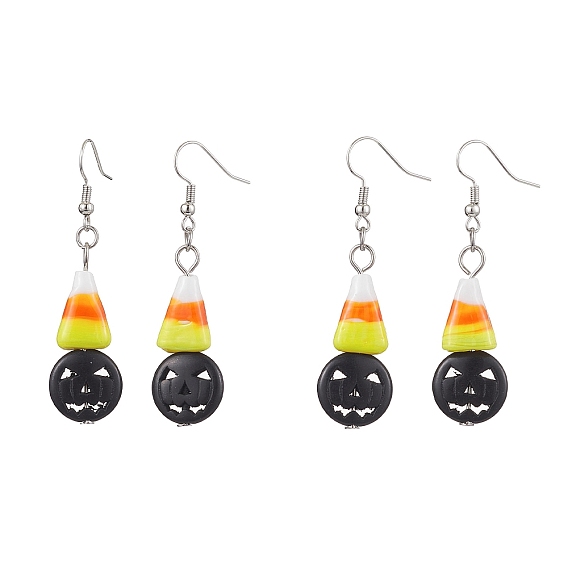 Halloween Candy Corn Handmade Lampwork Dangle Earrings, Black Pumpkin Synthetic Turquoise Brass Jewelry for Women, Platinum