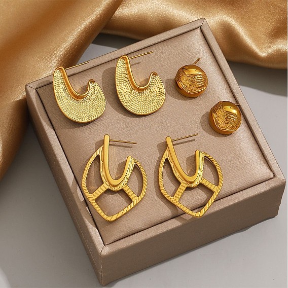 304 Stainless Steel Stud Earrings, Half Hoop Earrings, Golden