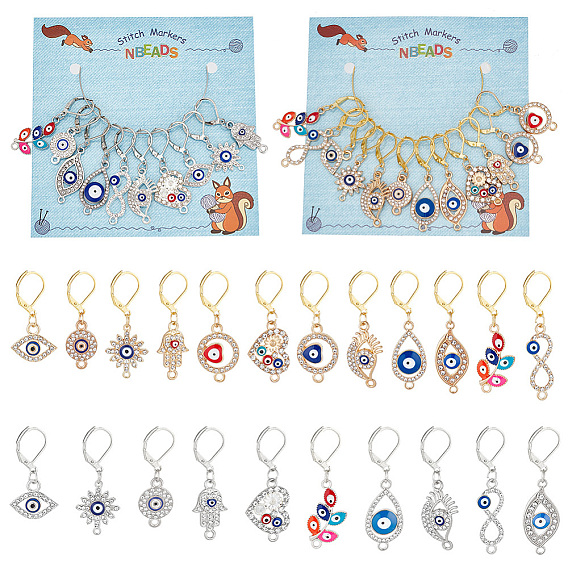 Маркеры стежков на тему злого глаза, сплав эмали со стразами вязание крючком подвески на обручах, маркер с замком и кольцом с подвеской в виде винного бокала, плоский круглый и солнце и лист и хамса рука и бесконечность