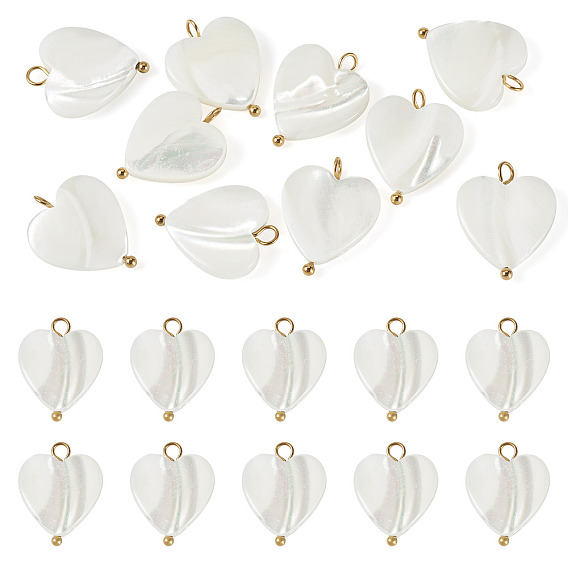 10Pcs Natural Shell Heart Pendants, with 304 Stainless Steel Loops, Seashell Color, Ion Plating(IP)