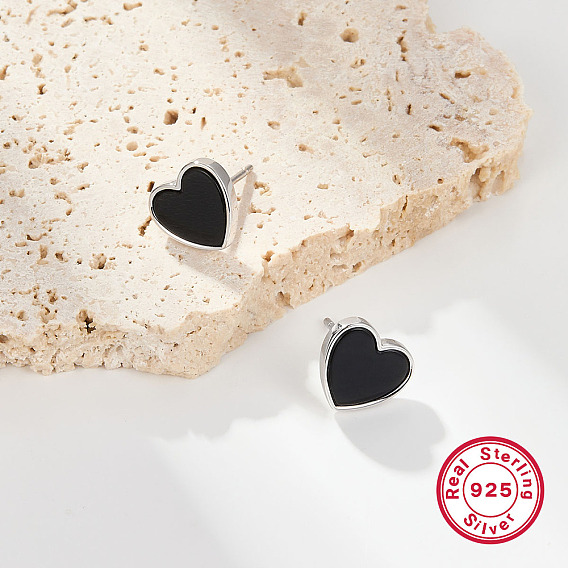 Sweet S925 Серьги-гвоздики в форме сердца из стерлингового серебра с черным агатом