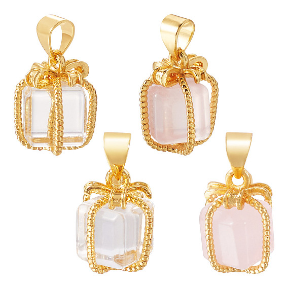 4Pcs 2 Styles Natural Rose Quartz & Quartz Crystal Gift Box Charms, with Golden Plated Brass Bowknot