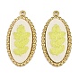 304 Stainless Steel & Embroidered Pendants, Oval witLeaf Charms, Champagne Yellow, Ion Plating(IP), Long-Lasting Plated