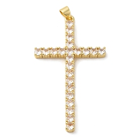 Rack Plating Brass Micro Pave Clear Cubic Zirconia Big Pendants, Long-Lasting Plated, Cadmium Free & Lead Free, Cross Charms