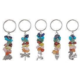 Animal Tibetan Style Alloy Pendant Keychain, with 7 Chakra Gemstone Chips and 304 Stainless Steel Split Key Rings, Mixed Shapes