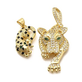 Rack Plating Brass Micro Pave Cubic Zirconia Pendants, Long-Lasting Plated, Lead Free & Cadmium Free, Leopard Charms