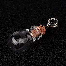 Botella de los deseos de vidrio en forma de lágrima encantos colgantes europeos, con asas de tubo de aleación y fornituras de hierro, 45.5 mm, agujero: 4.5 mm
