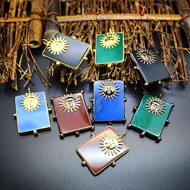 Natural Gemstone Big Pendants, Rectangle with Sun Charms, with Brass Findings