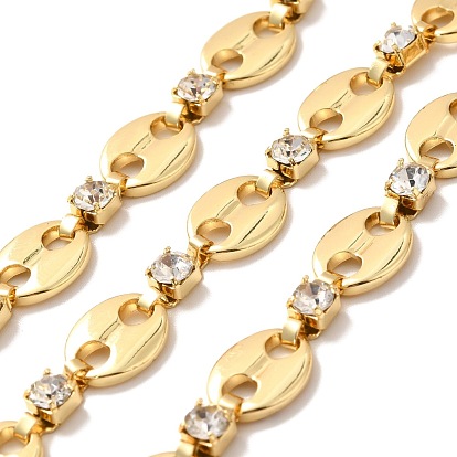 Rack Plating Brass Coffee Bean & Square Link Chains, with Cubic Zirconia, Unwelded, with Spool, Cadmium Free & Nickel Free & Lead Free