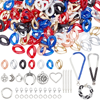 Pandahall elite diy gourmettes bracelets colliers kits de fabrication, y compris les anneaux de liaison en acrylique et en plastique et 304 en acier inoxydable, pendentif en alliage lune et étoile