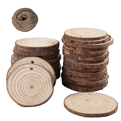 DIY Wood Hnag Tag Kits, with Flat Round Unfinished Wood Pieces and Jute Twine