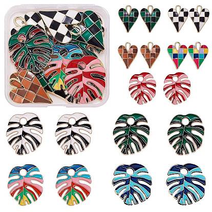 18Pcs 9 Style Rack Plating Alloy Enamel Pendants, Cadmium Free & Nickel Free & Lead Free, Light Gold, Heart & Monstera Leaf