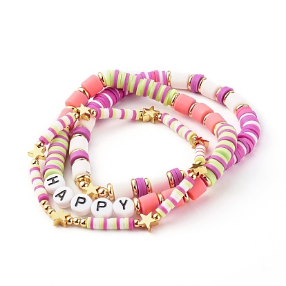 Handmade Polymer Clay Beads Stretch Bracelets Sets, with Brass Beads and Acrylic Enamel Beads, HAPPY