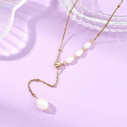 Adjustable 304 Stainless Steel Satellite Chain Lariat Necklaces, Natural Cultured Freshwater Pearl Potato Tassel Necklaces, Floral White