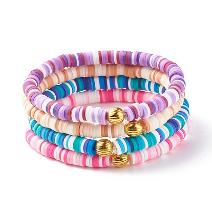 Ensemble de bracelets extensibles en perles heishi en argile polymère faits à la main, Bracelets de perles rondes en alliage de zinc rainuré pour femme