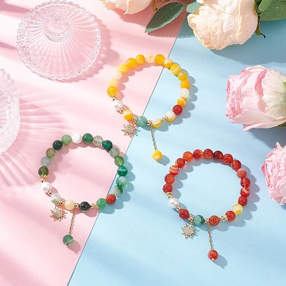 Браслеты из круглых бусин из натурального полосатого агата, латунные браслеты с подвесками в виде солнца из микрофибры с кубическим цирконием для женщин, с гальваническим покрытием из немагнитного синтетического гематита и бусин из ракушечного жемчуга