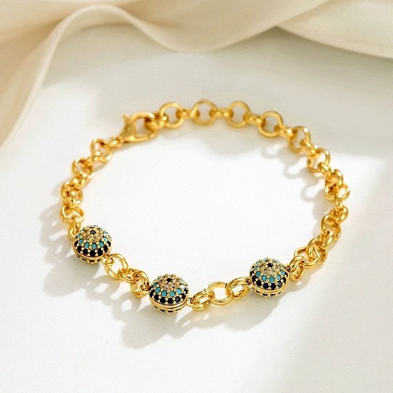 Браслеты из латунных цепей роло, Браслеты-кольца для глаз из латуни с микропаве из кубических цирконий для женщин