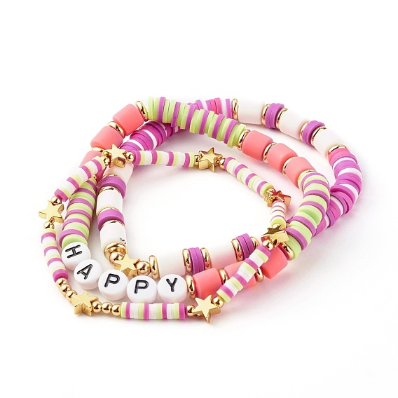 Handmade Polymer Clay Beads Stretch Bracelets Sets, with Brass Beads and Acrylic Enamel Beads, HAPPY