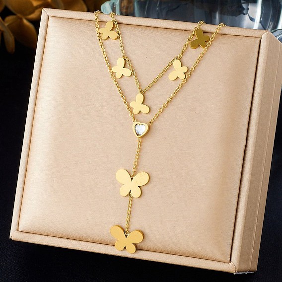 304 Двухслойное ожерелье из нержавеющей стали с подвеской в виде бабочки, украшенной кристаллами и стразами, для женщин