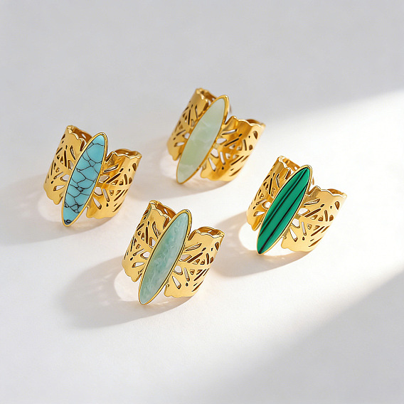 304 Stainless Steel Gemstone Cuff Open Rings, Butterfly, Golden