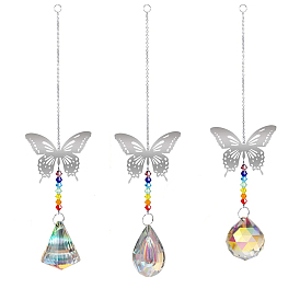Crystal Glass Suncatchers Prisms Pendant Decorations, Chakra Chandelier Hanging Ornament for Window Sun Catcher with Brass Butterfly Pendant, Round/Cone/Teardrop Pattern