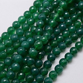 Natural Agate Beads Strands, Green Onyx, Faceted, Dyed, Round