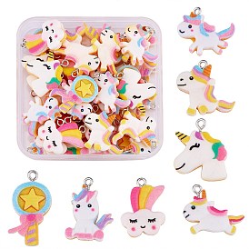 35Pcs 7 Styles Opaque Resin Pendants, Star & Unicorn & Lollopop Charm, with Platinum Tone Iron Loops, Mixed Shapes
