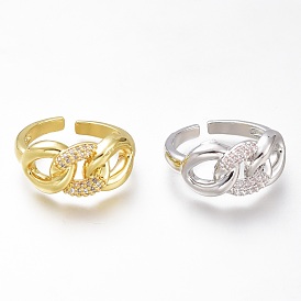 Adjustable Brass Micro Pave Clear Cubic Zirconia Cuff Rings, Open Rings, Long-Lasting Plated, Curb Chain Shape