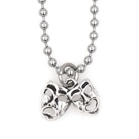 Tibetan Style Alloy Pendant Necklaces, with 304 Stainless Steel Ball Chains, Drama Mask