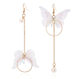 Alloy Butterfly with Imitation Pearl Tassel Dangle Earrings, Asymmetrical Earrings for Women