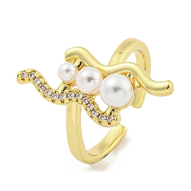 Brass Micro Pave Cubic Zirconia Cuff Rings, with ABS Plastic Pearl, Adjustable Rings for Women