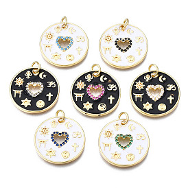 Brass Micro Pave Cubic Zirconia Enamel Pendants, with Jump Rings, Cadmium Free & Nickel Free & Lead Free, Real 16K Gold Plated, Flat Round with Heart