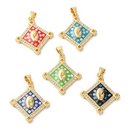 Rhombus with Virgin Face Brass Micro Pave Cubic Zirconia Pendants, with Enamel & Shell, Long-Lasting Plated, Lead Free & Cadmium Free, Real 18K Gold Plated