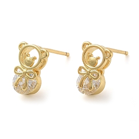 Rack Plating Brass with Cubic Zirconia Stud Earring,  Long-Lasting Plated, Cadmium Free & Lead Free, Bear