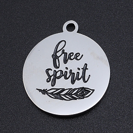 201 Stainless Steel Etched Pendants, Flat Round with Words Free Spirit, Leaf