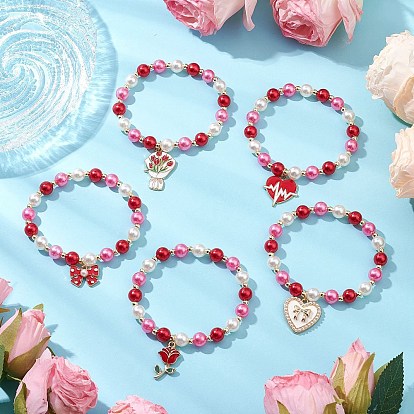5шт. браслеты из акриловых жемчужин и круглых бусин на тему Дня святого Валентина, сплав эмалевые браслеты с подвесками для женщин и девочек, сердце/роза/бантик