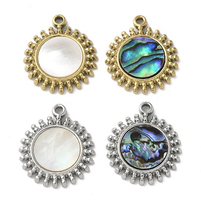 304 Подвески из нержавеющей стали с покрытием из натуральной раковины пауа/белой раковины методом ионного напыления (IP), плоско-круглые