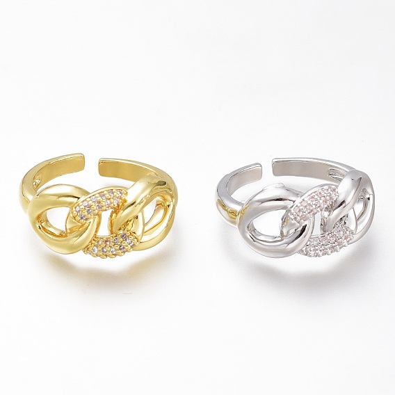 Adjustable Brass Micro Pave Clear Cubic Zirconia Cuff Rings, Open Rings, Long-Lasting Plated, Curb Chain Shape