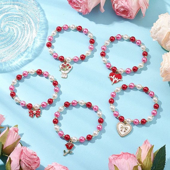 5шт. браслеты из акриловых жемчужин и круглых бусин на тему Дня святого Валентина, сплав эмалевые браслеты с подвесками для женщин и девочек, сердце/роза/бантик
