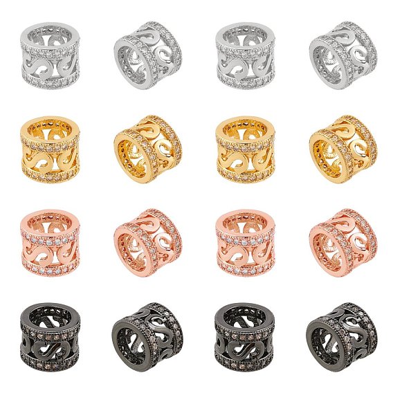 Brass Micro Pave Clear Cubic Zirconia Beads, Large Hole Beads, Column, Hollow
