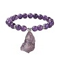 Natural Mixed Gemstone Round Beaded Stretch Bracelets, with Rough Raw Nugget Charms