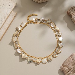 304 Colliers double couche en acier inoxydable avec des pépites de coquillages naturels blancs teintés et des perles pour femmes, placage ionique (ip), sans cadmium et sans nickel et sans plomb