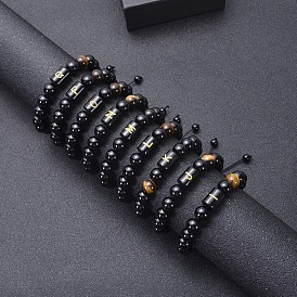 10MM Natural Black Onyx(Dyed & Heated) and Tiger Eye Alphabet Round Braided Bead Adjustable Bracelets for Women