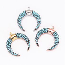 Brass Micro Pave Grade AAA Cubic Zirconia Pendants, Double Horn/Crescent Moon, Cadmium Free & Nickel Free & Lead Free