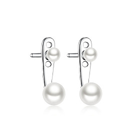 Boucles d'oreilles à tige avant et arrière en argent sterling plaqué rhodium pour femmes, avec perle
