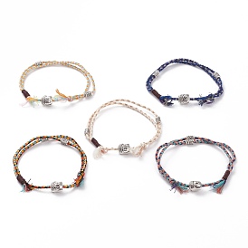Bracelets multi-rangs en coton, avec fil de nylon et perles en alliage de style tibétain, tête de bouddha, argent antique