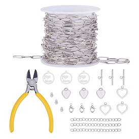 DIY Bracelets &  Necklaces Making Kits, includ Brass Paperclip Chains & Toggle Clasps & Lobster Claw Clasps, Brass Cubic Zirconia & CCB Plastic Charms, 201 Stainless Steel Flat Round Pendants