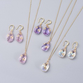 Jewelry Sets, Pendant Necklaces and Dangle Earrings, with Glass Pendants, Brass Earring Hooks, Brass Cable Chain and Lobster Clasps, Teardrop